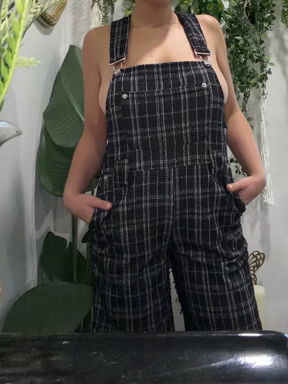 Black & White Plaid Tweed Overalls Jumpsuit | Wide Leg